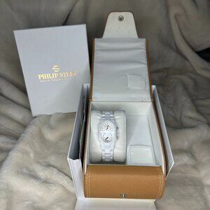 Philip Stein White Ceramic Dual Time Watch  - Natural Frequency Tech - Like-New